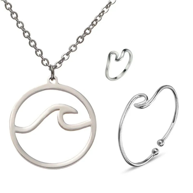 Manschett Enkel och utsökt Thin Wave Circle Beach Sea Surf Island Jewelry Three-Piece Necklace Armband Ring Set303w