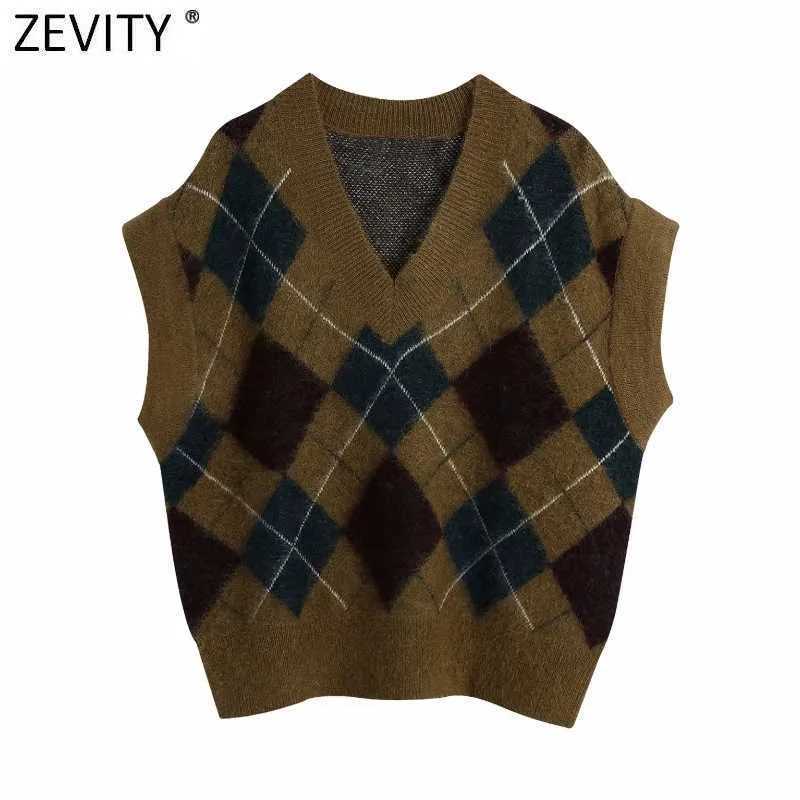 Zevity Women Vintage V Neck Rhombic Lattice Casual Knitting Vest Sweater Ladies Chic Waistcoat Pullovers Retro Jumper Tops S499 210603