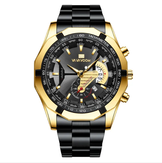 Boa qualidade lazer esporte ponteiro luminoso aço inoxidável relógio masculino relógios de quartzo calendário relógios de pulso inteligentes vavavoom brand216r