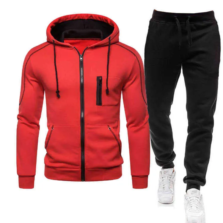 Conjunto de 2 piezas de chándal para hombre, sudadera con capucha y cremallera de otoño, sudadera + Pantalones deportivos sólidos, ropa de abrigo con capucha, chaqueta, traje para correr 210806