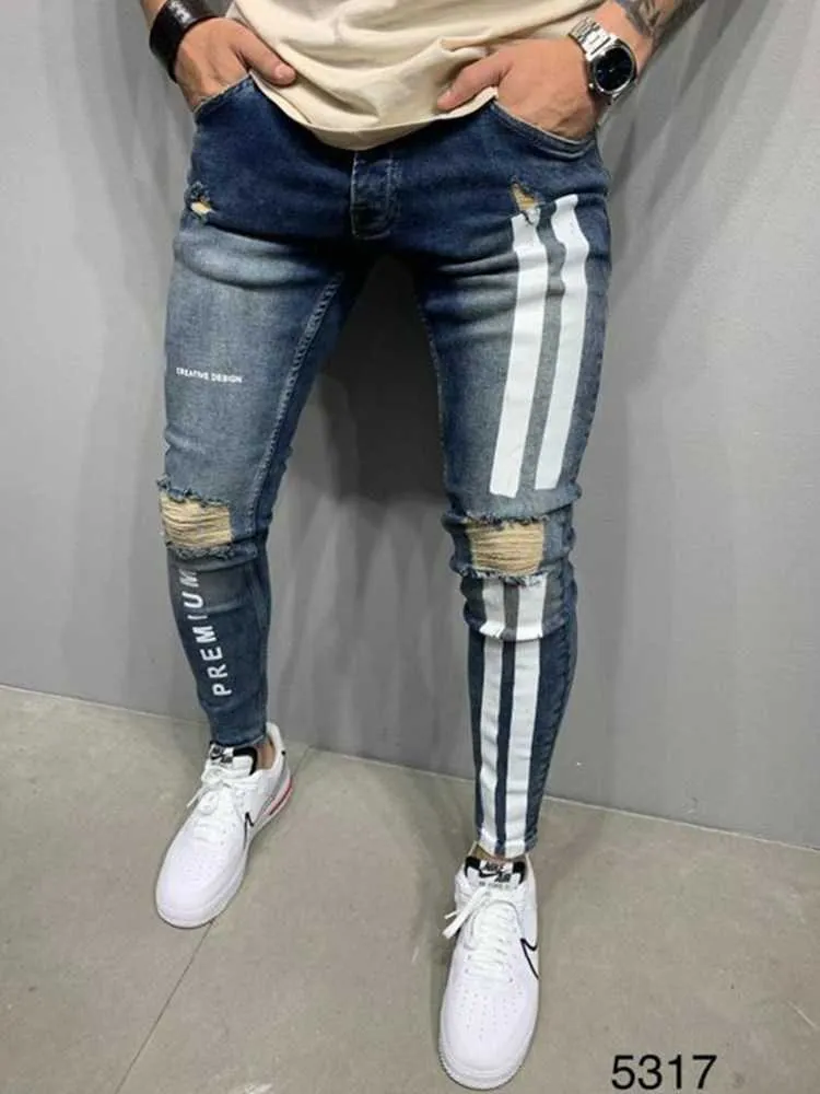 2021 Men's Skinny Ripped Jeans Slim-Fit Locomotive Pencil Pants Side Stripe Letter Printing Date Denim Costume Jogging Men X0621