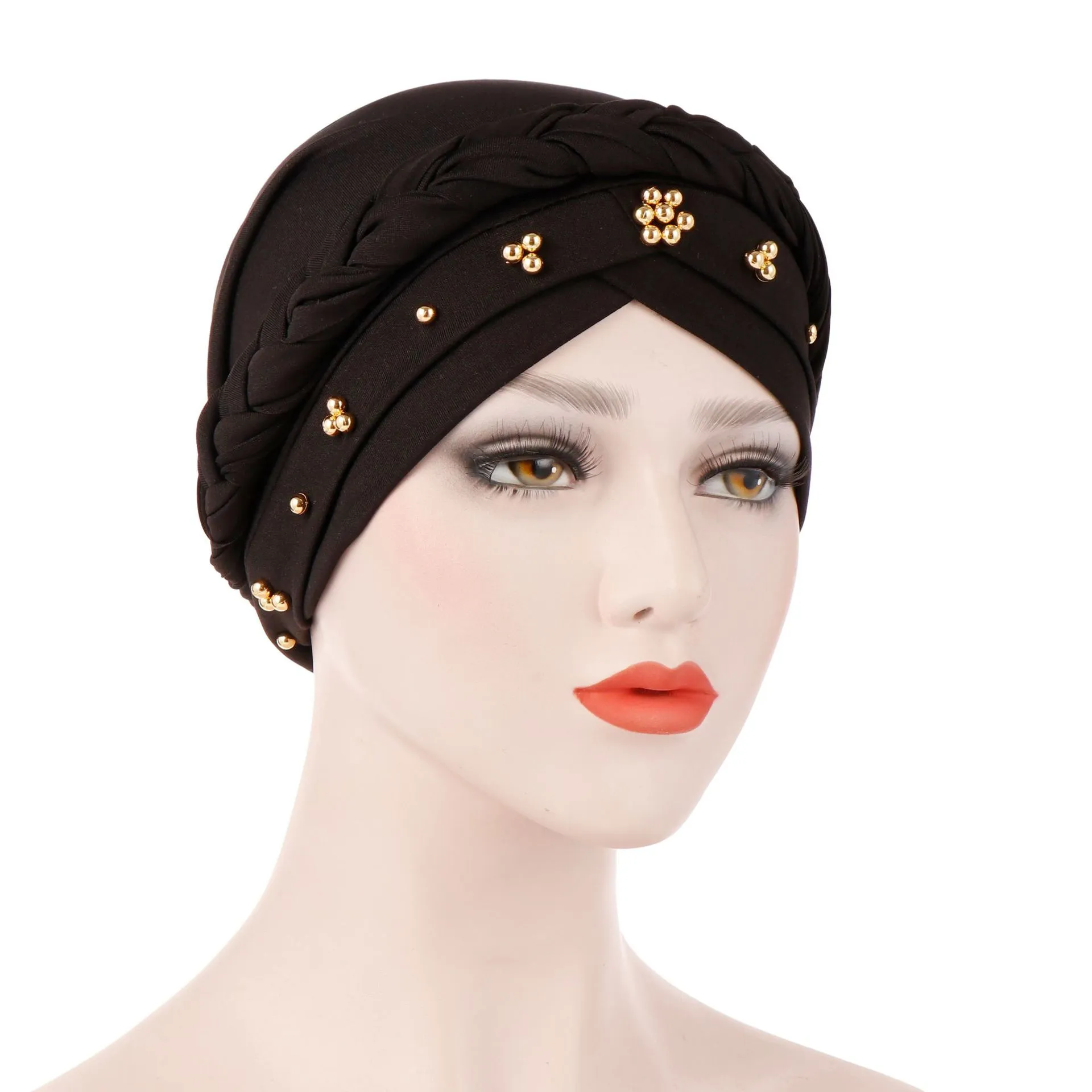 Mode beanie lente en herfst moslim tulband hoed melk zijde monochrome bead zweep tulband petten