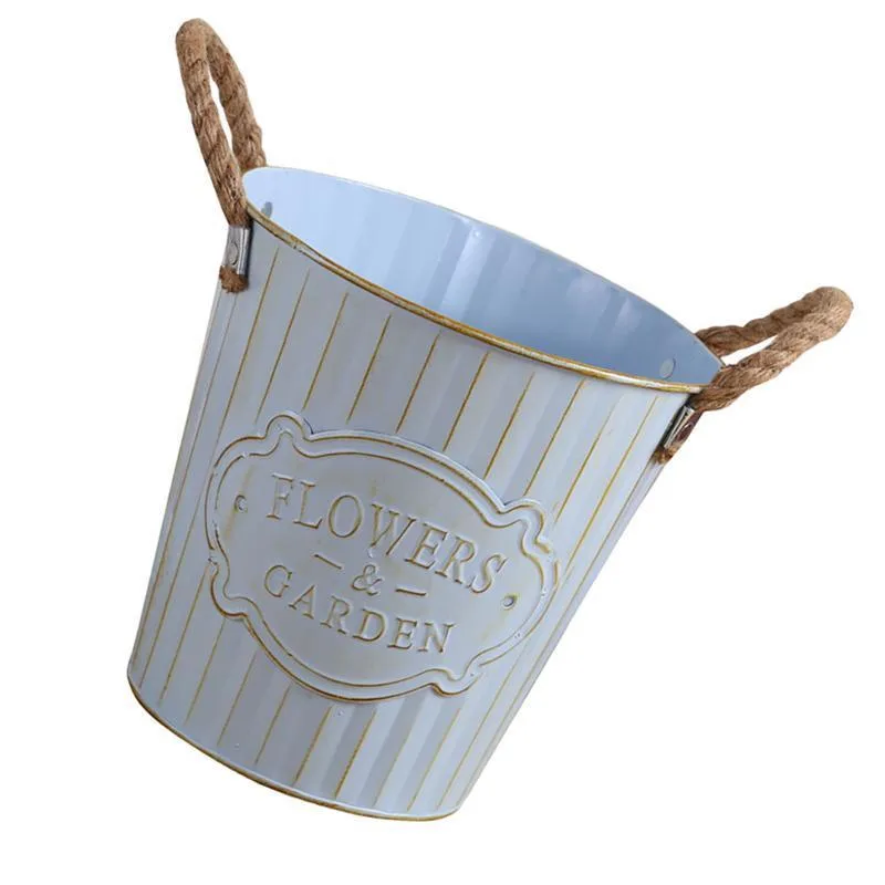 Home Flower Pot Bucket Decor Shop Metal Iron Hemp Rope Desktop Plant Adornment Large Size Y200709