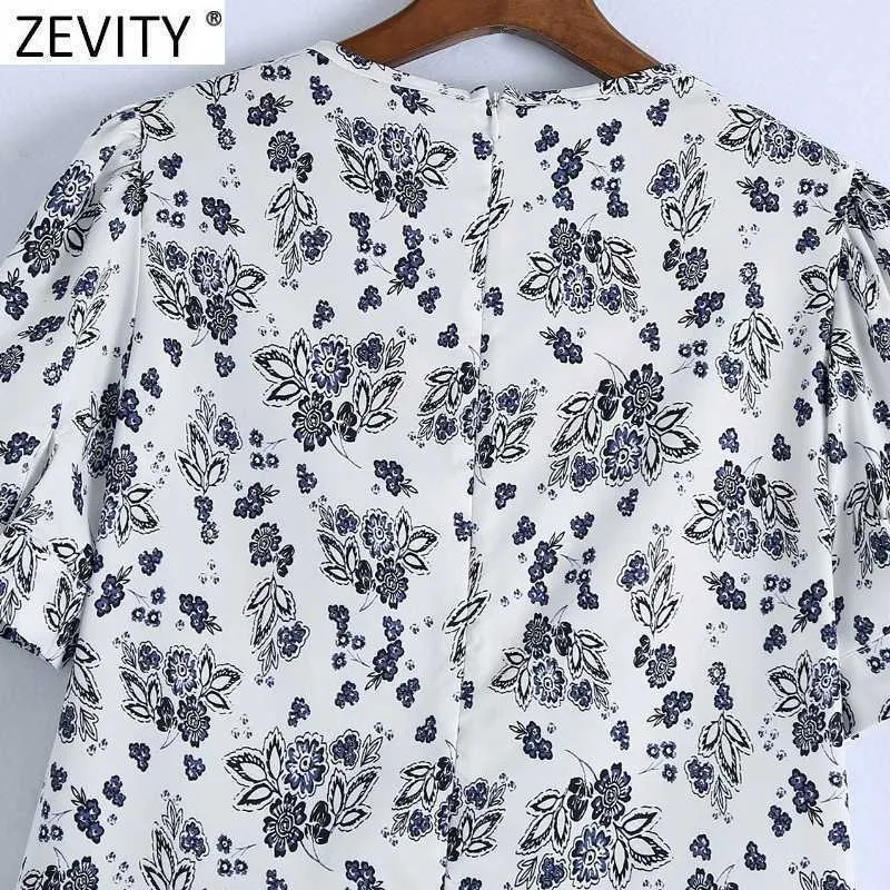 Zevity Women Elegant Pleated V Neck Puff Sleeve Floral Print Casual Slim Midi Dress Femme Back Zipper Vestido Dresses DS8216 210603