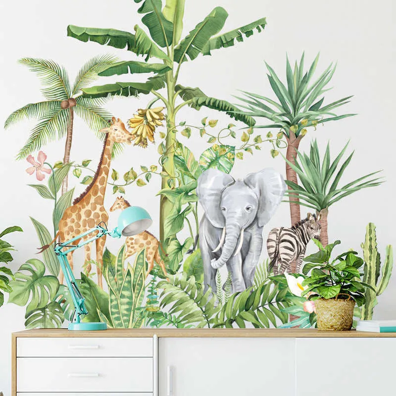 Green Rainforest Wall Stickers for Living room Bedroom Elephant Giraffe Animals Wall Decals for Kids rooms Home Decoration Mural 210705