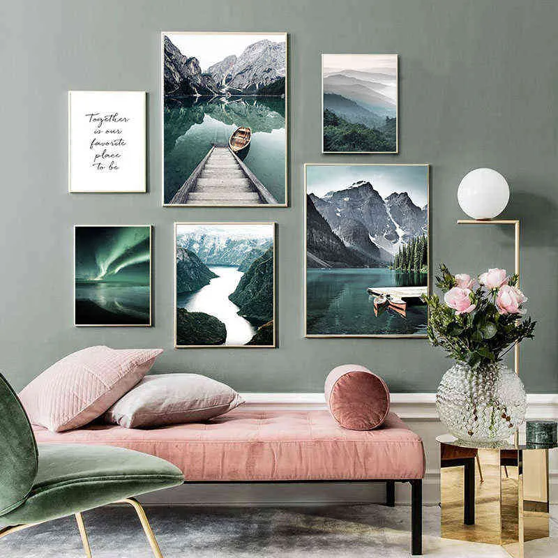 Skandinavische Reise Landschaft Leinwand Malerei Berg Boot Gras Nordic Poster Druck Wand Kunst Bild Moderne Wohnzimmer Dekor 211222