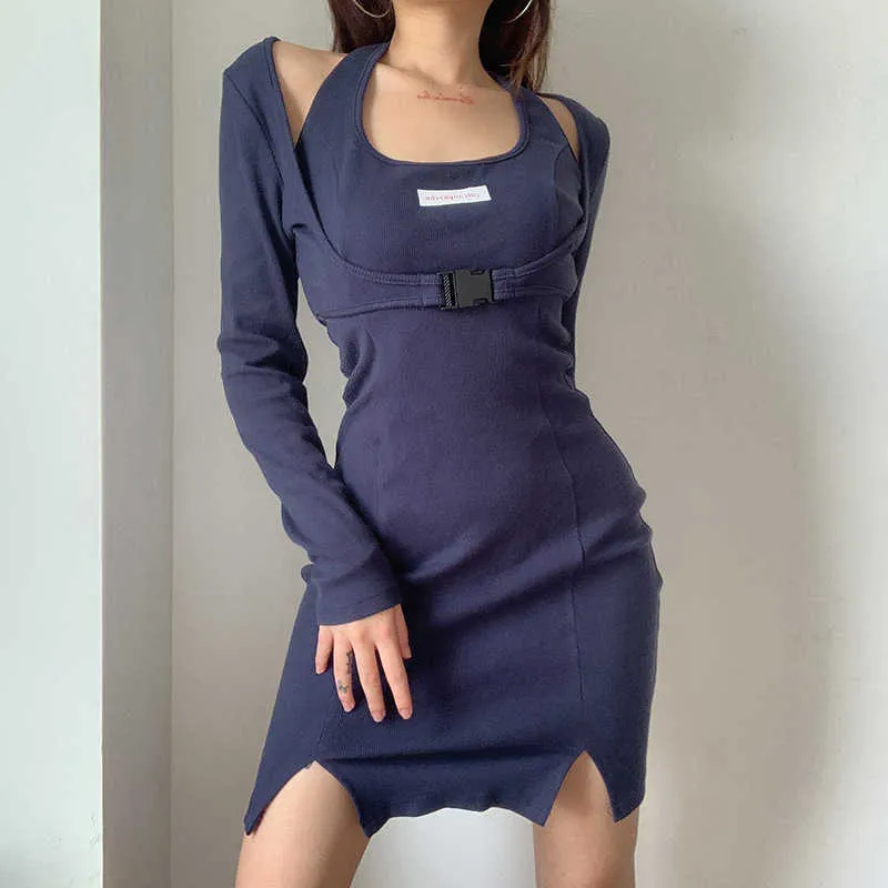 Womengaga Sexig Split Neck Långärmad Blus Tvådelad kostym Kvinnors Höst Elegant Tight Slimming Mini Dress 8t0n 210603