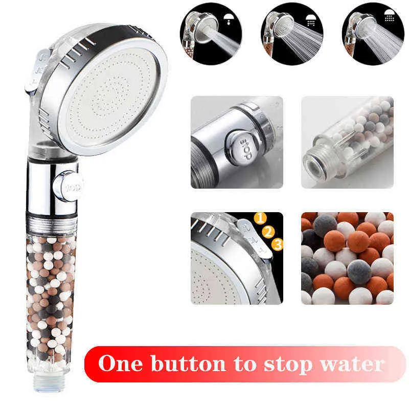 Głowica prysznicowa 3 tryby regulowane za pomocą przycisku Stop Przycisk Anion Wymiana Akcesoria łazienkowe Filtr Ball Rating Water Spray Spa H1209