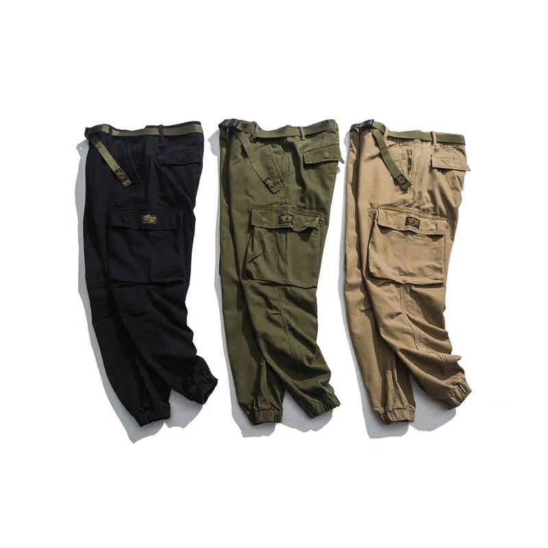 Högkvalitativ bomull Militär Joggare Män StreetWear Tactical Pants Mode med Belt Cargo Pants Army Trousers Harajuku Kläder 211201