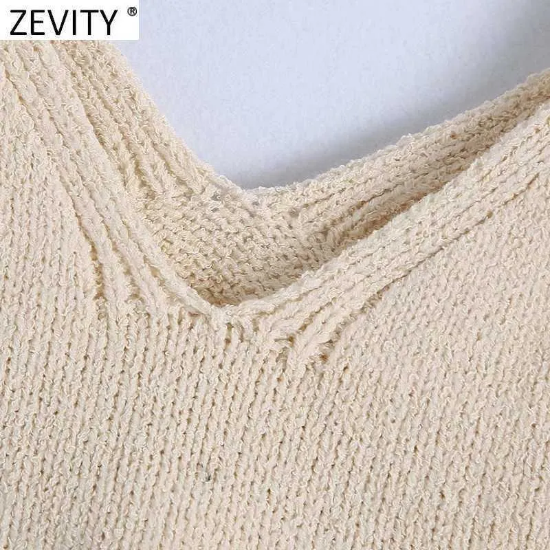 Zevity femmes mode col en V Jacquard Crochet tricot pull femme basique Spaghetti sangle vague court gilet Chic Crop hauts SW812 210915