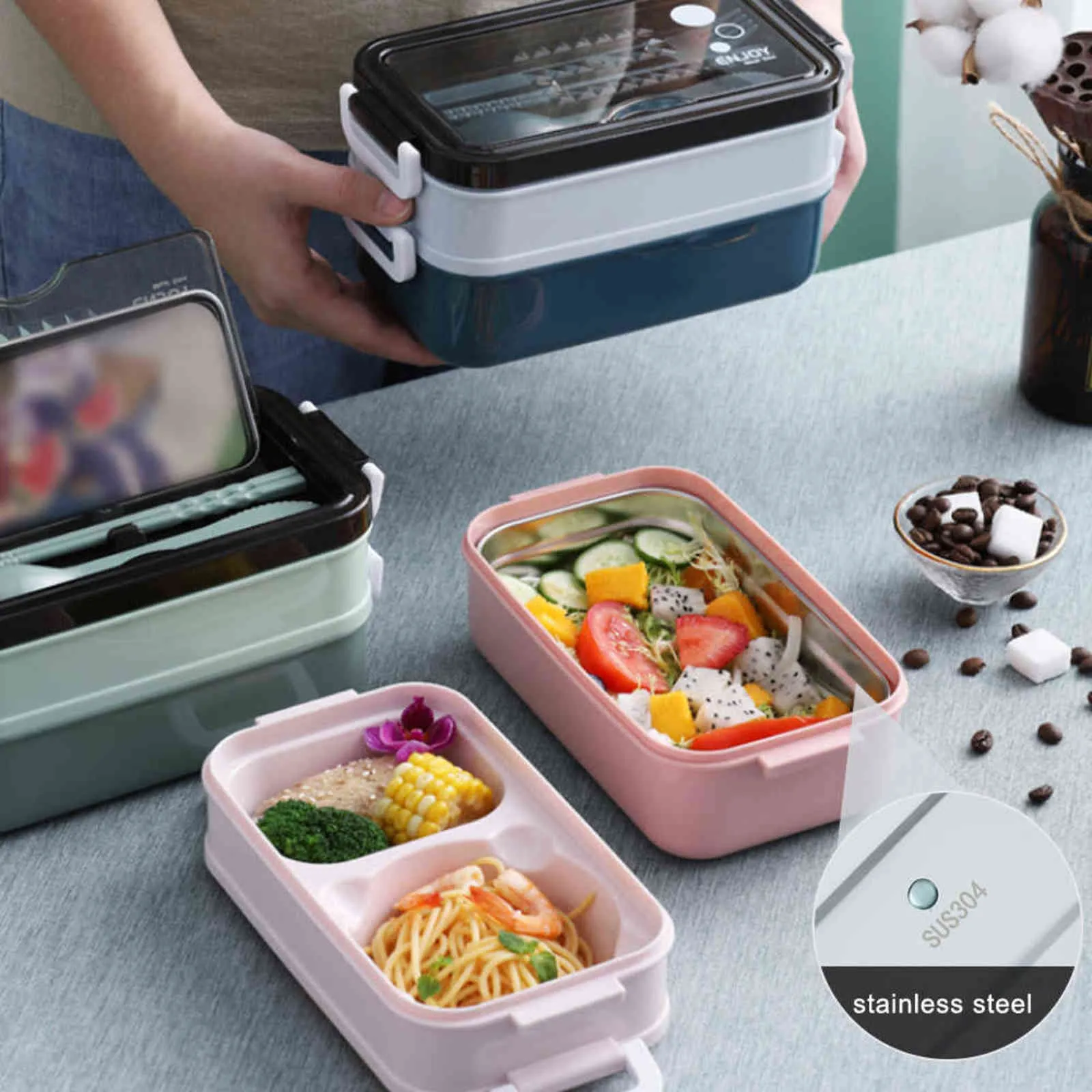 Plastic Storage Container Lunch Box Bento for Student Office Worker Double-layer Microwave Heat Food 211104