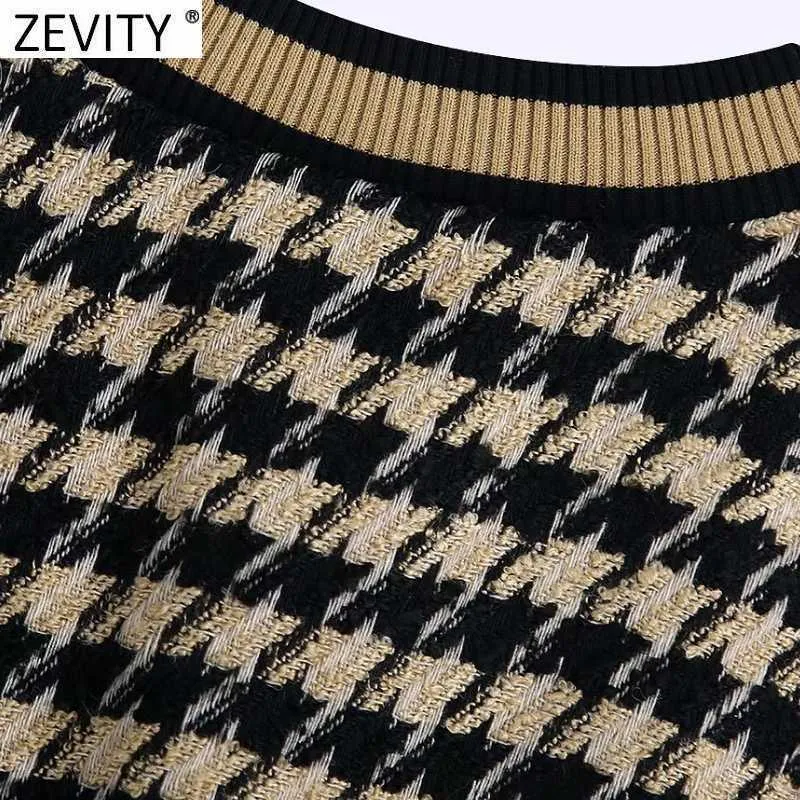 Zevity Mulheres Vintage Vintage V Neck Houndstooth Made Declaração de Tricô Sweater Feminino Sem Mangas Casuais Chique Chique Pulso Tops SW695 210603