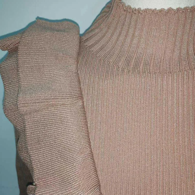 Макет шеи оборки женские вязаные свитер с длинным рукавом сплошной кофе тонкий элегантный офис леди пуловер весна мода топ 211018