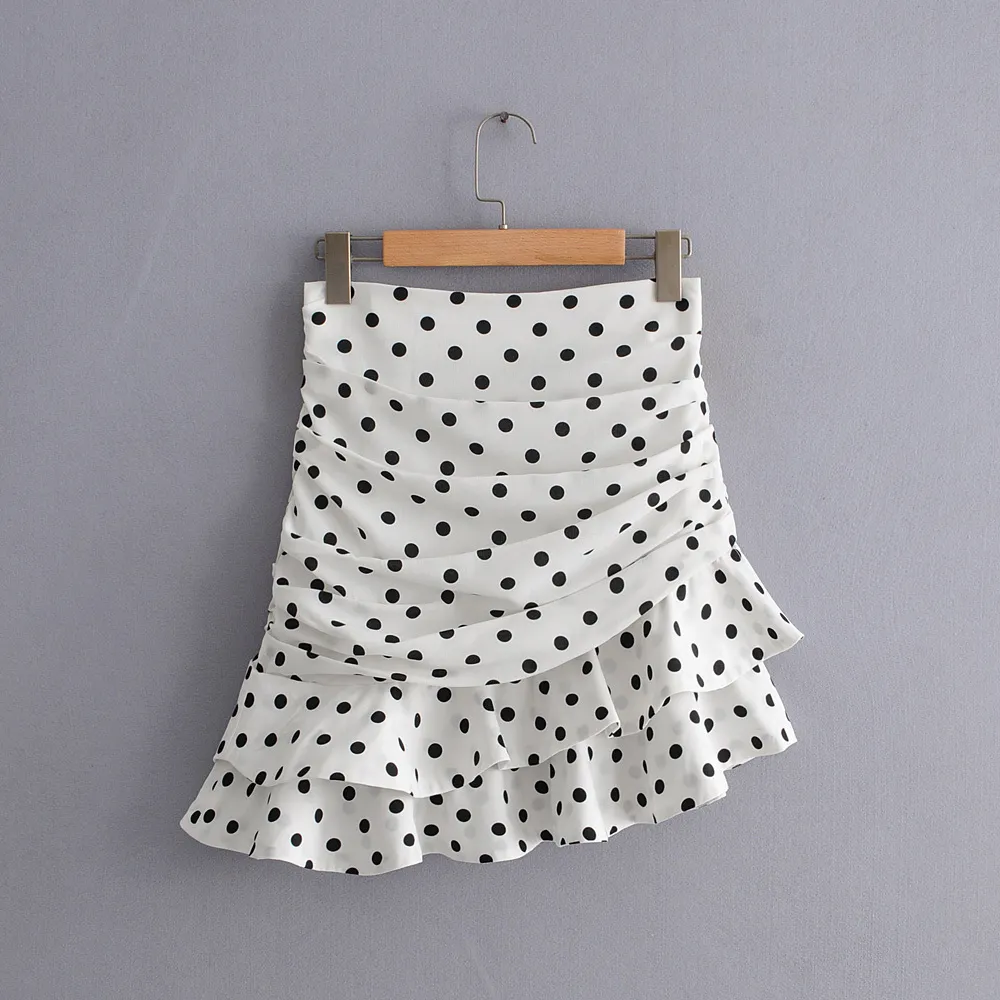 Stylish Chic Polka Dot Print Ruched Asymmetrical Mini Skirt Za Fashion Women Skirts Casual Streetwear Jupe Femme 210311
