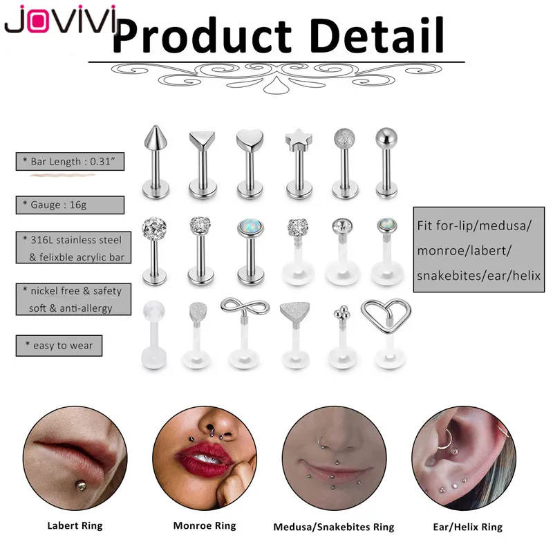 Jovivi 18 pièces en acier inoxydable acrylique Labret Monroe Helix anneau oreille clou à lèvres clous corps Piercing bijoux 16Ga