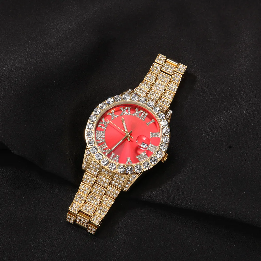 Full Diamond Iced Out Watch New Fashion Hip Hop Red Green Blue Face Large Dial Mens WristWatch Calendar Quartz Womens Watch Gift2578