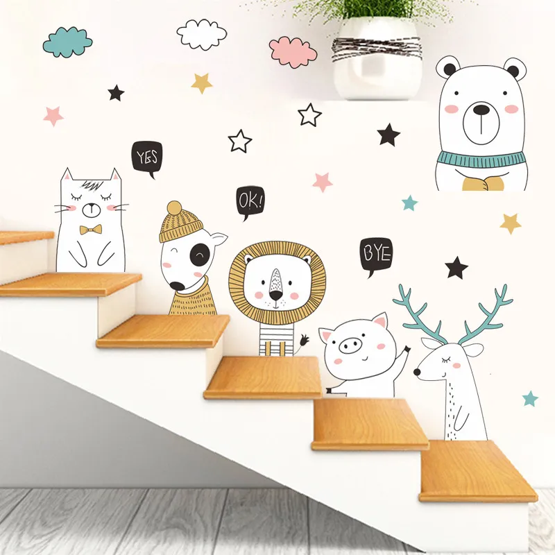 Tofok DIY Adorável Animal Urso Deer Deer Adesivo Home Porta Crianças Decalques De Inferior Sala Sofá TV Fundo Decoração 210310