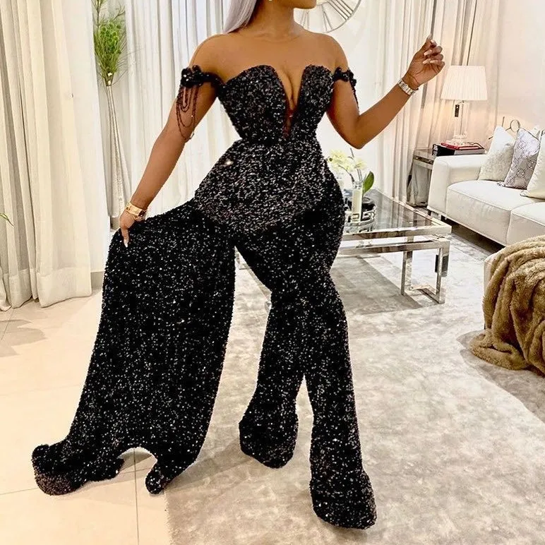 Black sequin dress with detachable skirt cheap