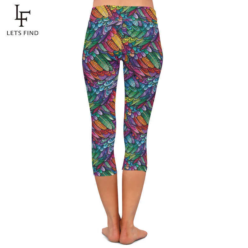 LetsFind Estilo de Verão 3D Penas Coloridas Design Leggings de Impressão Digital Cintura alta Mulheres Mid-bezerro 3/4 Calças Plus Size 210925