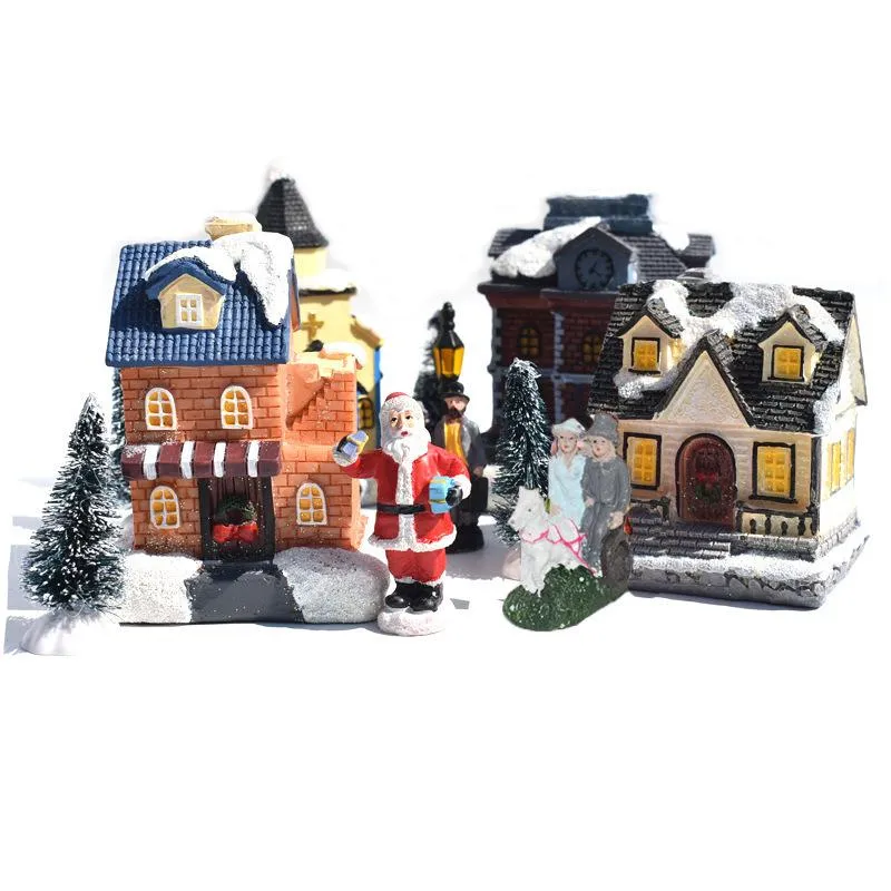 Julekorationer Set Ornament Glowing Cottage Luminous Cabin Santa Claus Small House Village Building Decor for Kids G193y