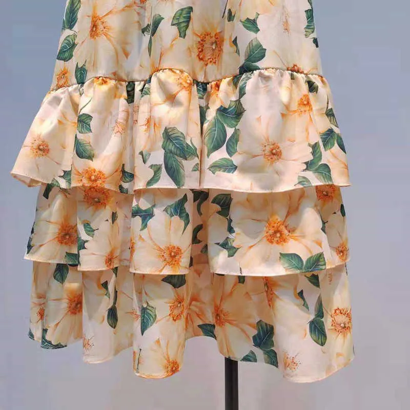 [Deat] vierkante kraag rok rok hoge mouwloze taille slank geel Gedrukt Mall Goth Maxi jurken voor vrouwen lente 210527