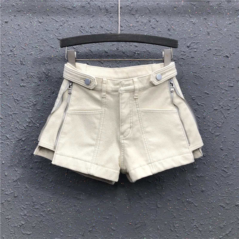 Kvinna Shorts Hög midja Bomull A-Line Wide-Ben Korta Jeans Koreanska Stil Smoky Grå Kvinna Lösa Denim Kort Byxor Sommar 210301