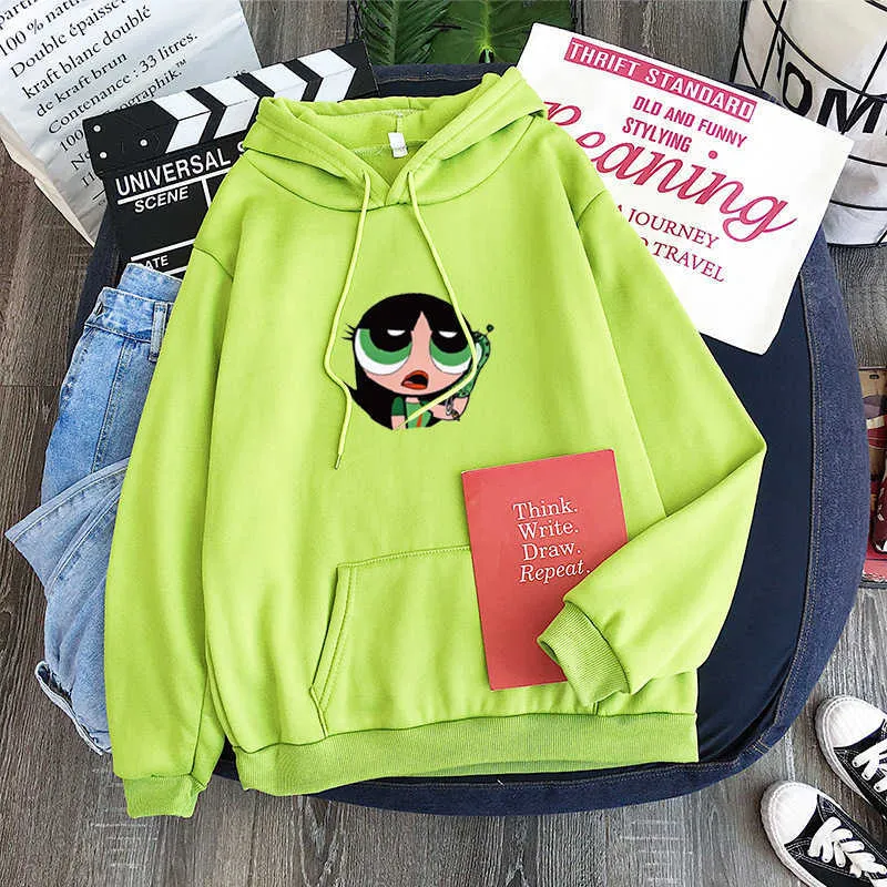 Autumn and winter new candy color Powerpuff Girls Buttercup Hoodie INS supply X0629