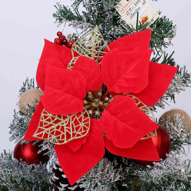 Lbsisi vida árvore de Natal decoração ornamentos conjunto com glitter poinsettia arcos fitas folhas bola floco de neve 211104