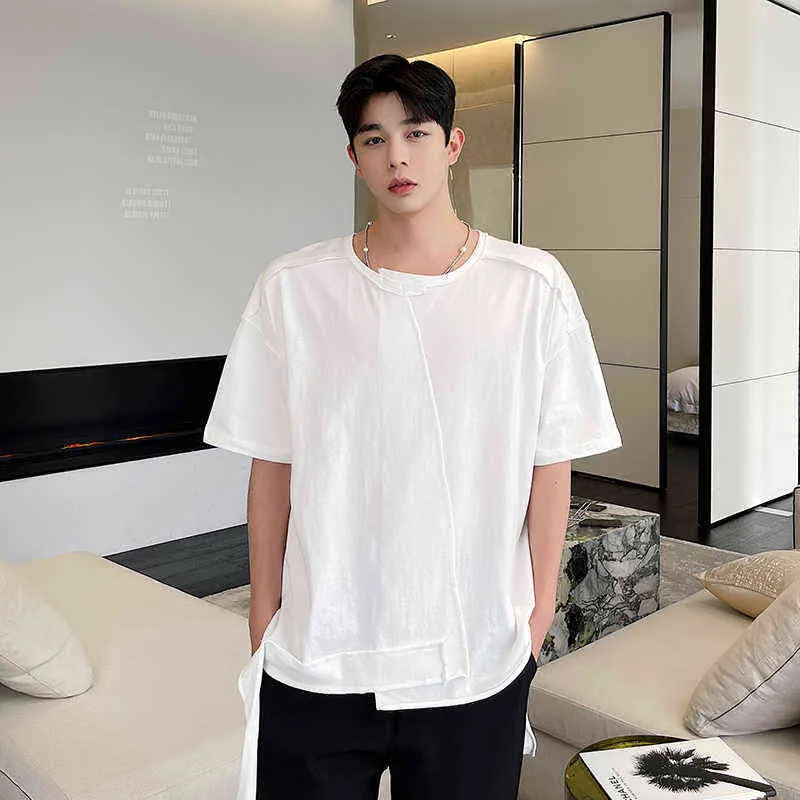 夏の新しい半袖Tシャツメンズファッション不規則な半袖Tシャツの男性の日本の単純なソリッドカラーラウンドネックG1217