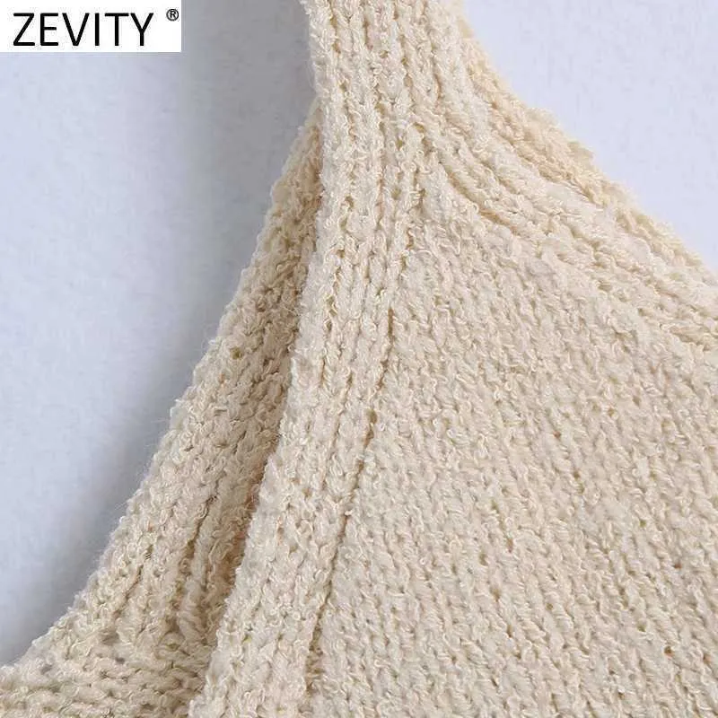 Zevity Frauen Mode V-ausschnitt Jacquard Häkeln Stricken Pullover Weibliche Grundlegende Spaghetti Strap Welle Kurze Weste Chic Crop Tops SW812 210915