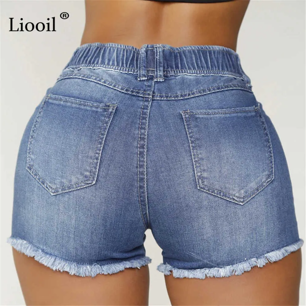 Liooil Pantaloncini di jeans skinny strappati sexy con tasche Pantaloncini di jeans aderenti con foro aderente a vita alta Streetwear da donna 210625