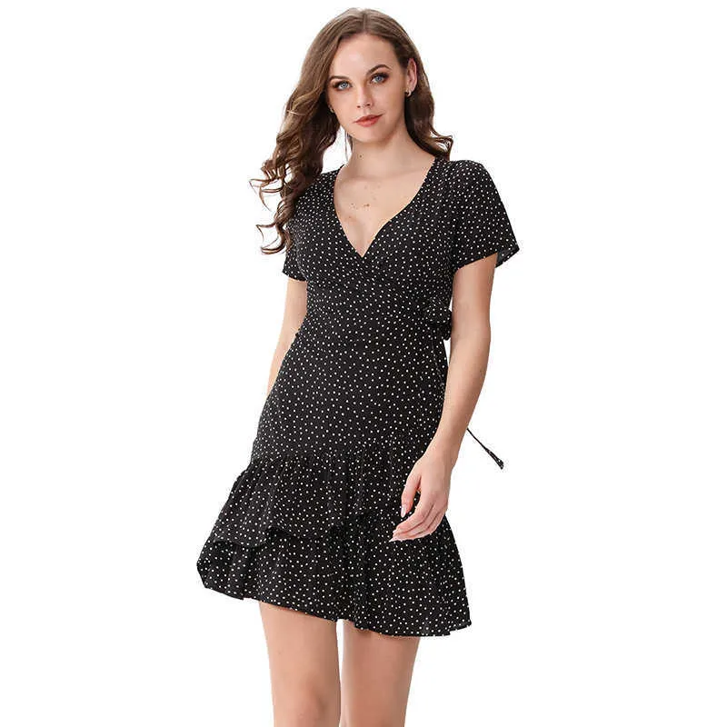 Summer Polka Dots Dress Short Sleeve V Neck Ruffles Beach Dress Sundress Vestidos M30542 210526