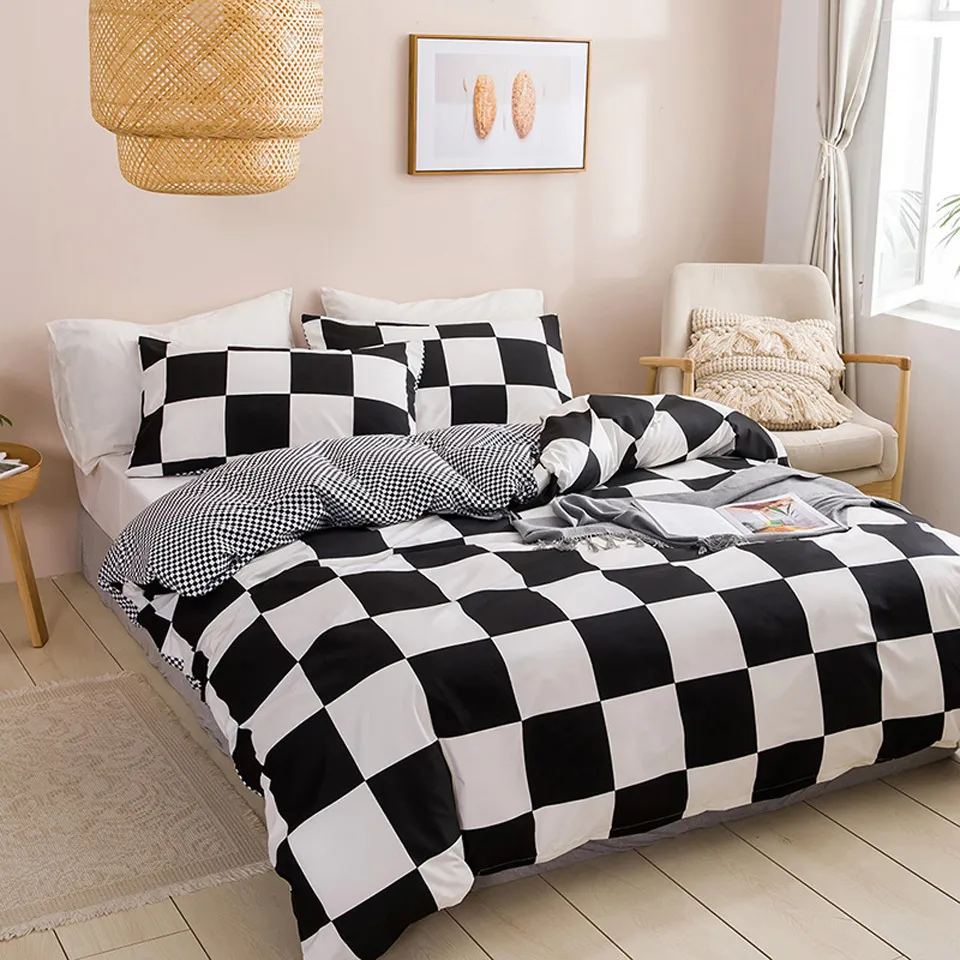 Literie Noir et Blanc Ensemble de lattice de réseau Linge Linge de lit Simple Summer Duvet Ensembles Cover Taille King Taille Coulette Chambre à Lits Jumeaux Luxe 210309