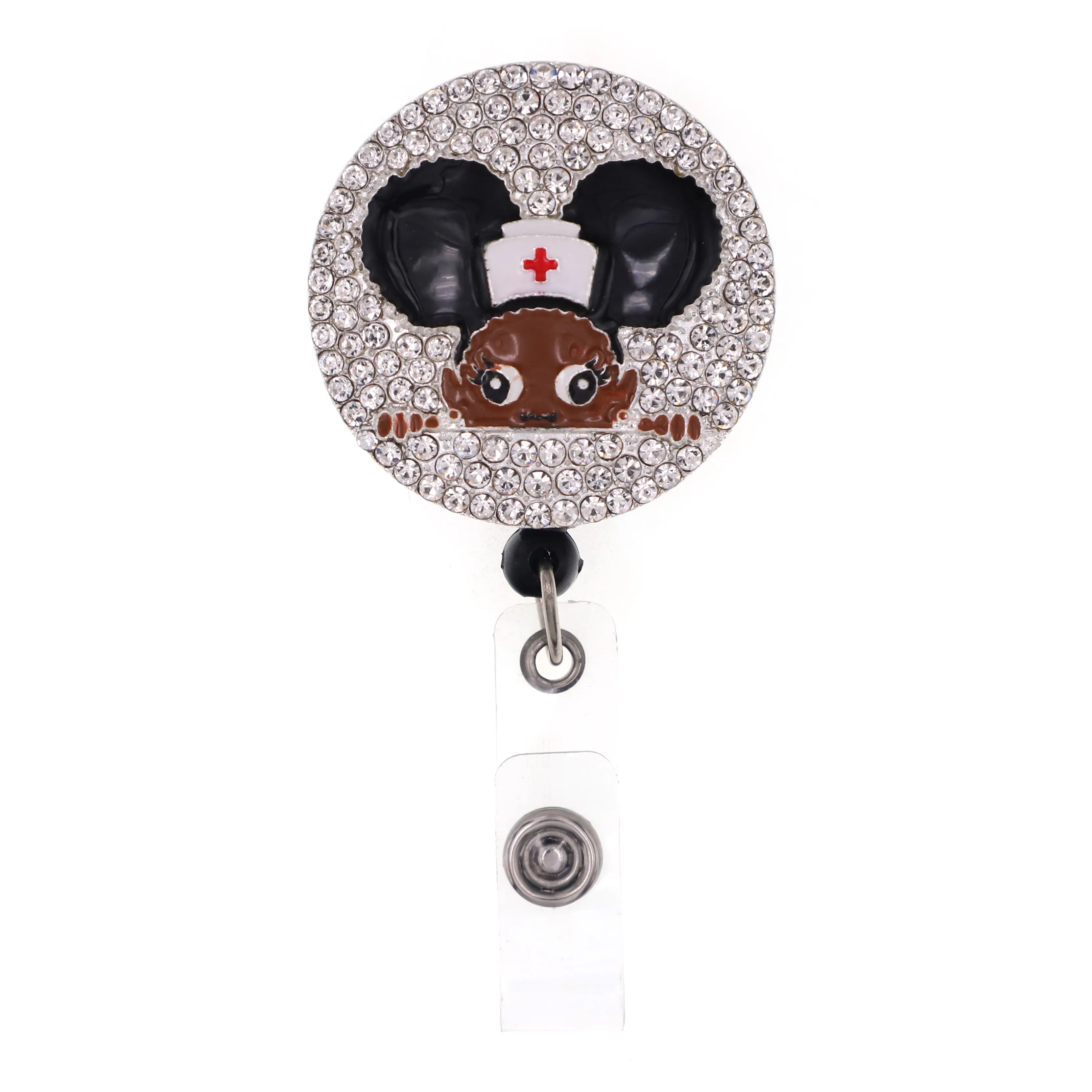 Newest Style Key Rings Black Girl Rhinestone Retractable ID Holder for nurse name accessories badge reel with alligator clip2832