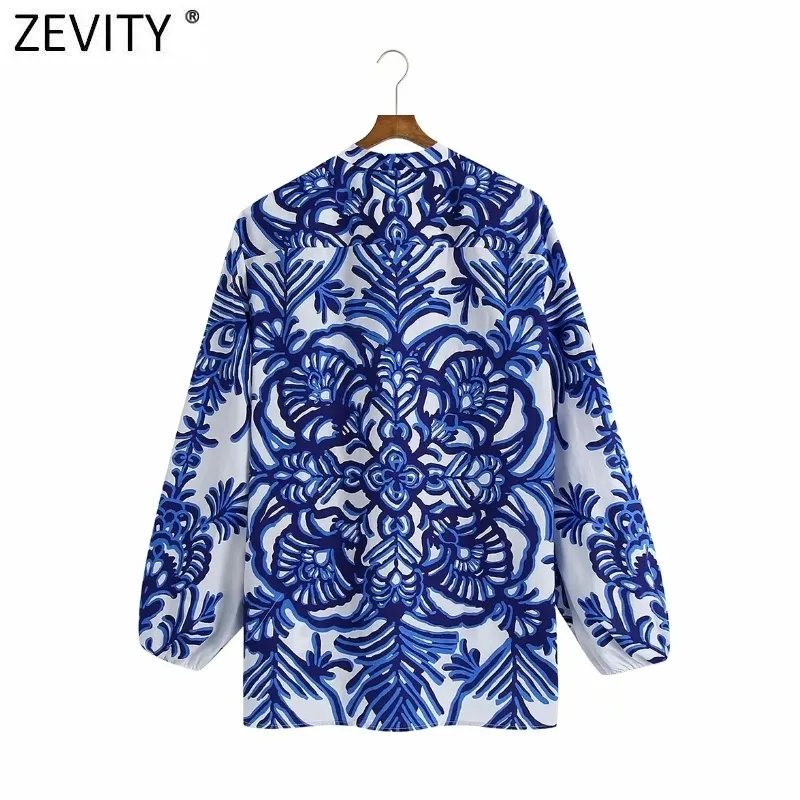 Zevity Women Vintage Blue Totem Floral Print SMOCK BLOUSE Office Ladies Causy Shirt Chic Loose Blusas Tops LS98 220210