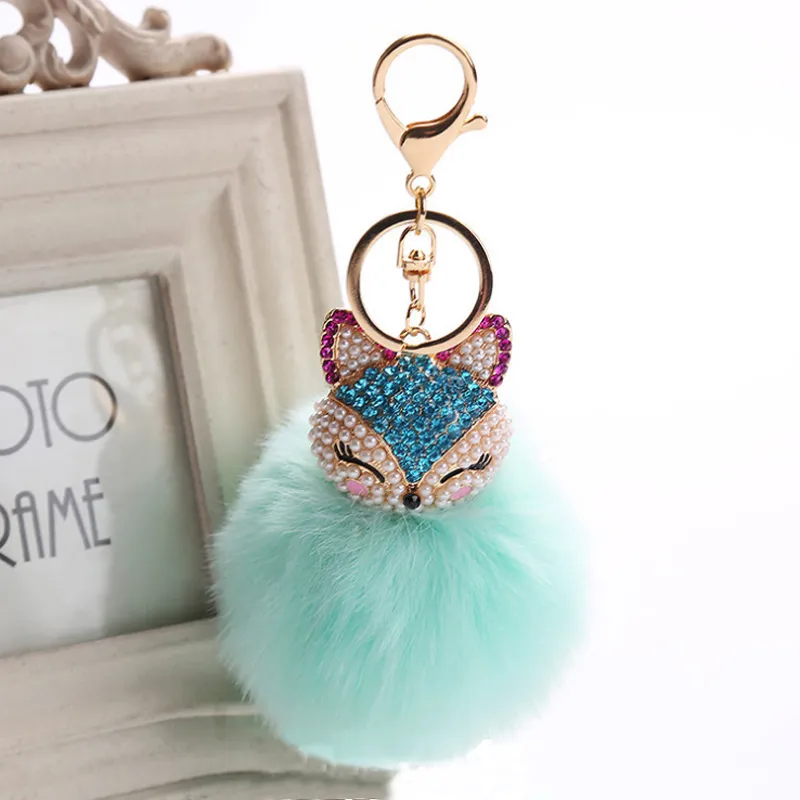 Fox Fur Head Pompons Pluszowa Brelok Brelok Z Sztuczną Inlay Pearl Kryształ Rhinestone Klucz Ring Talizman Kobiet Torba Wystrój Wystrój