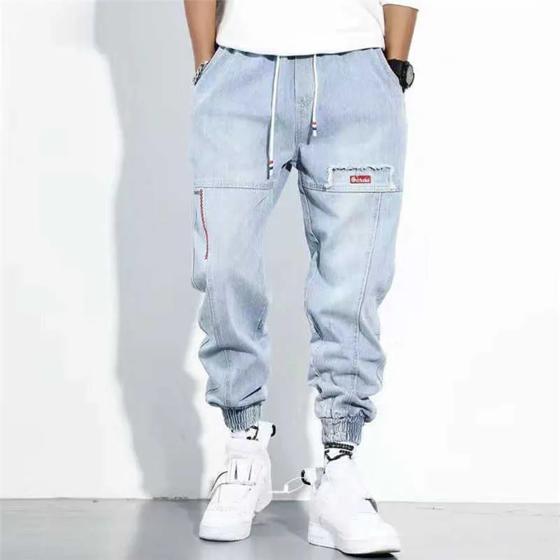Mode lâche hommes jean taille élastique bleu lavé pantalon décontracté en plein air Street Style Smart Cargo pantalon grande taille Harem jean X0621