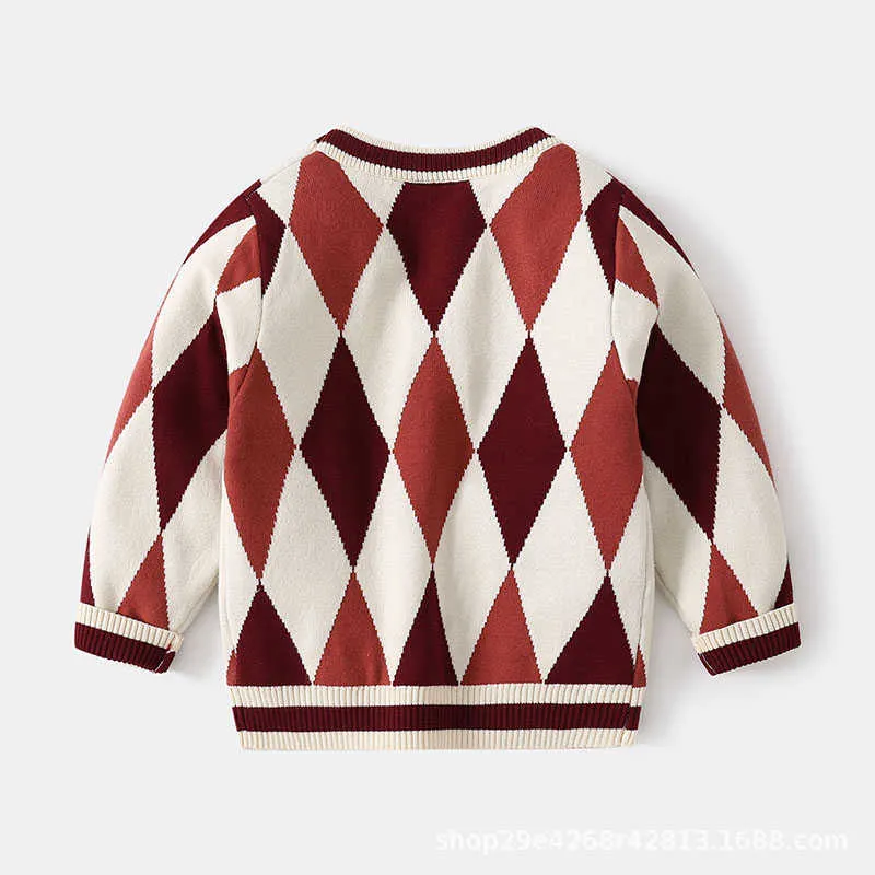 2021 herfst jongen trui retro rhombus geometrische trui ronde hals casual mode warme college stijl trui Y1024