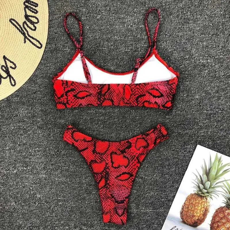 Women Sexy Two Piece Bikini Set Boho Leopard Snakeskin Printing Swimsuit Strappy Push Up Padded High Cut Bathing Suit Be 210629