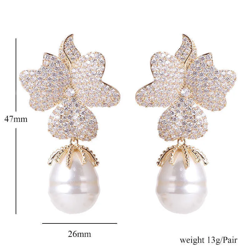 XIUMEIYIZU luxe grande perle fraîche boucles d'oreilles goutte pavé brillant zircone à la main boucle d'oreille plaqué or bijoux de mariage 210624