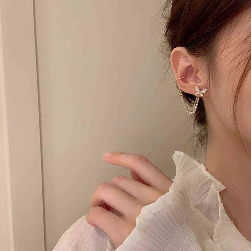 MENGJIQIAO Koreanische Elegante Nette Strass Schmetterling Stud Ohrringe Für Frauen Mädchen Mode Metall Kette Boucle D'oreille Schmuck