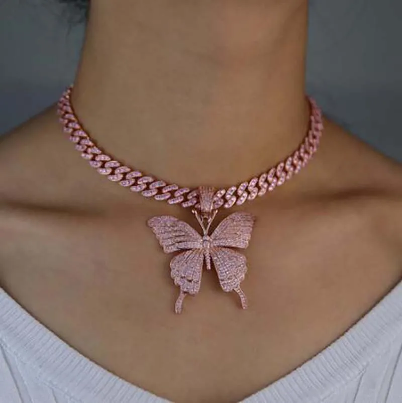 Pink Clear Crystal Butterfly Pendant Charm Miami Curb Cuban Chain Hip Hop Necklace Rapper Gift Rock For Men Women Jewelry281d