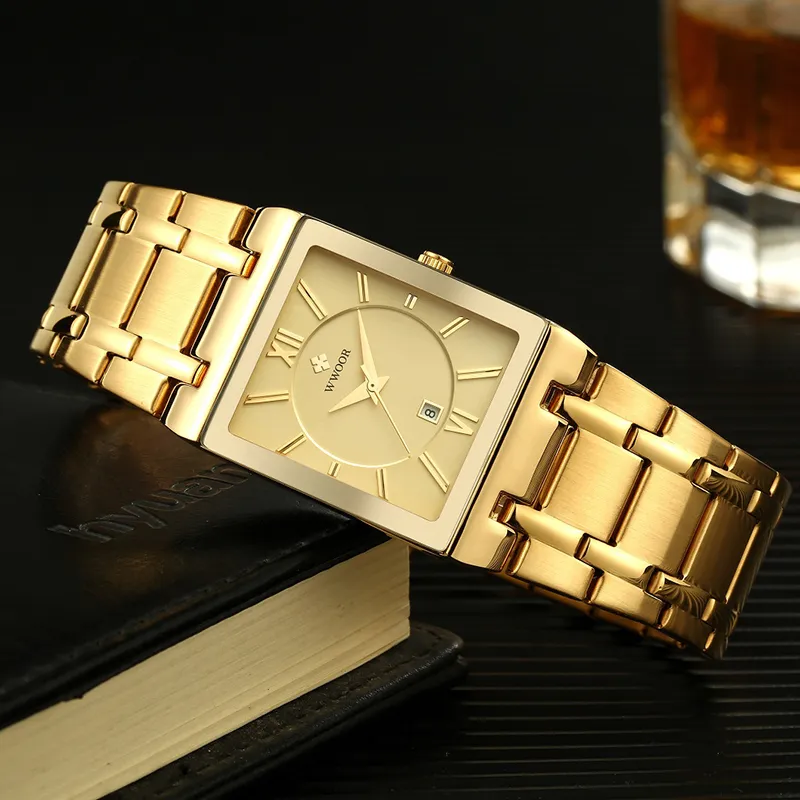 Relogio Masculino WWOOR montre en or hommes carrés montres pour hommes haut de gamme de luxe à Quartz doré en acier inoxydable montre-bracelet étanche 2299T