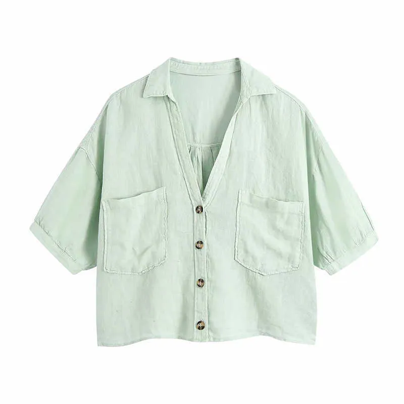 Aelegantmis Blouses à manches courtes en vrac Femmes Vintage Coton Lin Bouton Chemise Chemises confortables douces pour femmes 6 couleurs été 210607