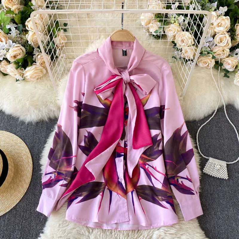 Coreano elegante stampa camicetta da donna colletto con papillon manica lunga camicia causale primavera Blusas Mujer De Moda 6E352 210603