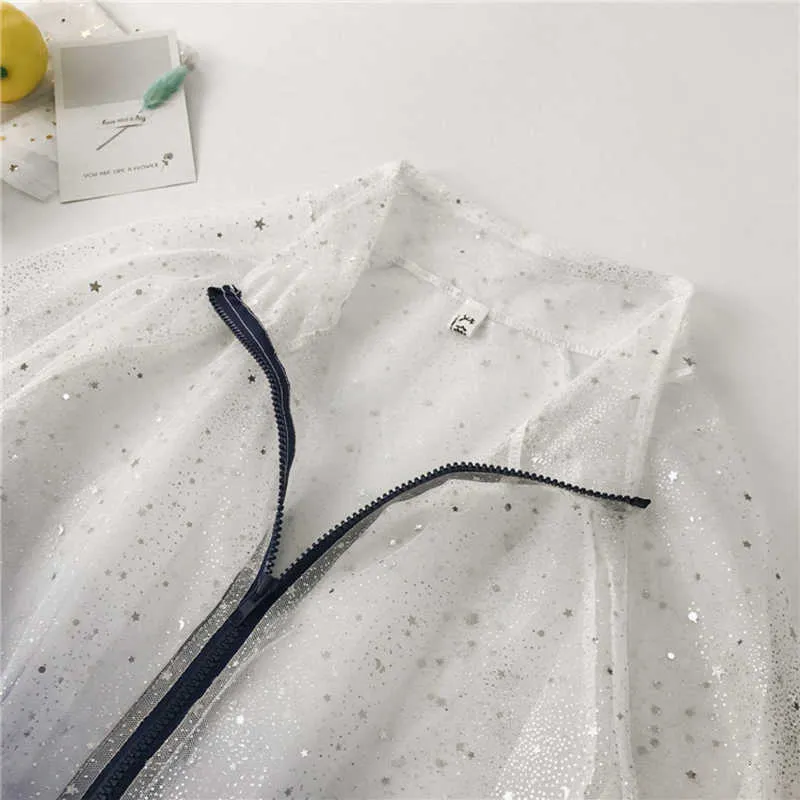 Harajuku Sonnenschutz Mantel Langarm Transparente Jacke Farbverlauf Pailletten Weibliche Jacke Frauen Dünne Plus Größe Feminine Mantel 211014