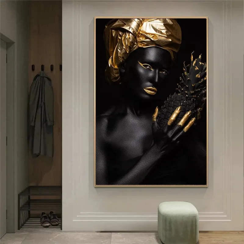 Afrikanische Goldene Schönheit Mädchen Leinwand Malerei Schwarze Mädchen Make-up Poster und Drucke Wandkunst Bild Für Wohnzimmer Dekoration