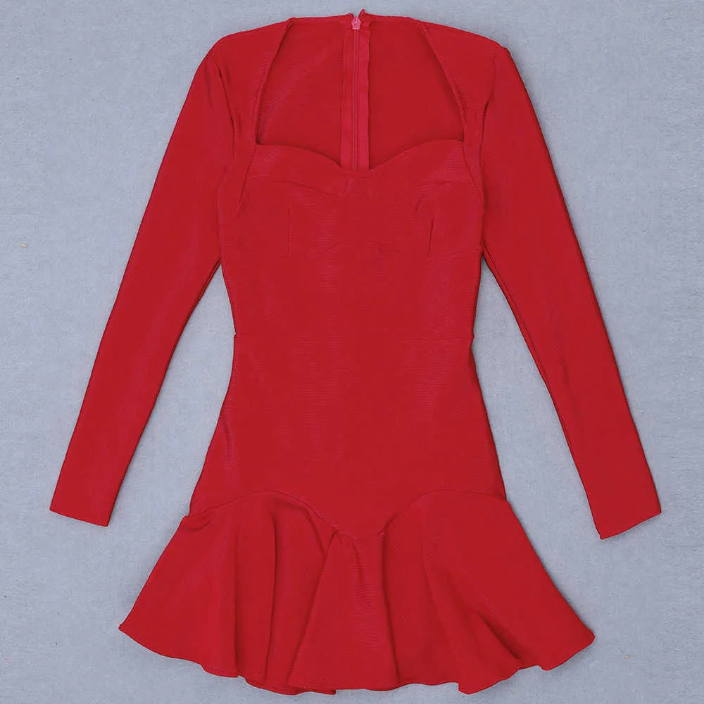 Vestito da fasciatura rosso natalizio da donna sexy di design da donna Inverno Elegante tromba a coda di pesce aderente da festa Vestido 210527