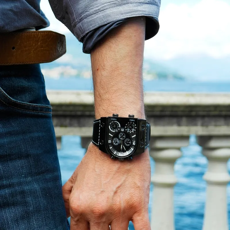 Oulm Men's Watches Mens Quartz Casual Leather Strap Wristwatch Sport Man Multi-Time Zone Militär Male Watch Clock Relogios 168h
