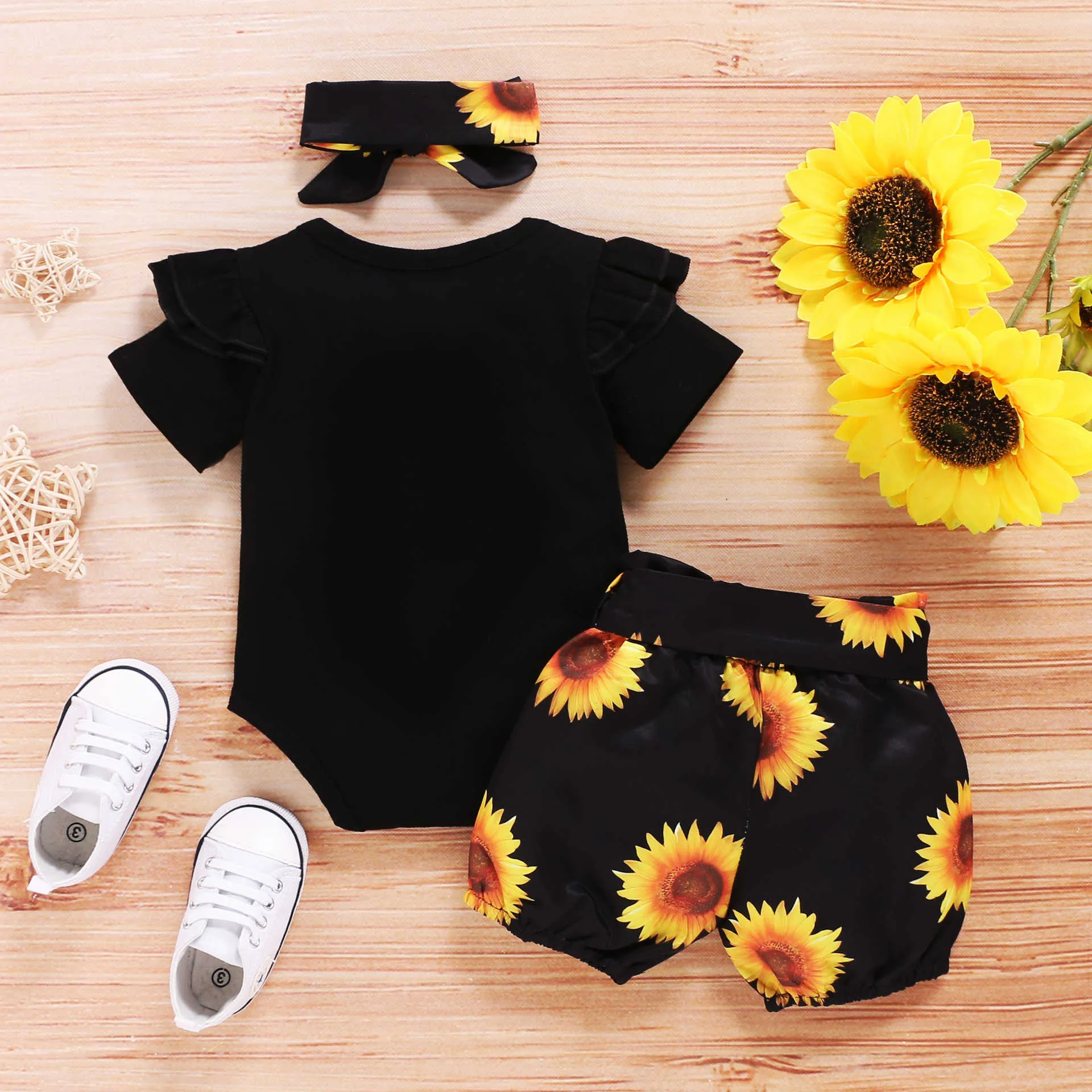 Baby Sunflower Outfit Dzieci Dziewczyny Odzież Stroje Mody Zestawy 3 Kawałek Dla Dziewczyny Set 210529